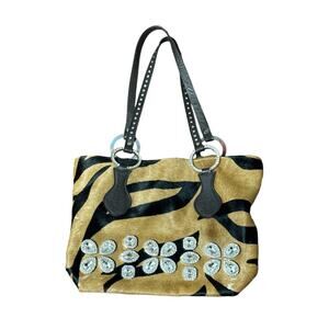 Raviani brown zebra calf skin leather crystals tote shoulder bag y2k style